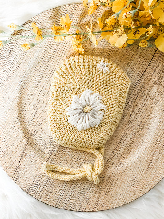 Yellow Knitted Bonnet for Baby Girl with Hand Embroidered Flowers, Newborn Photo Prop, Spring Baby Accessories