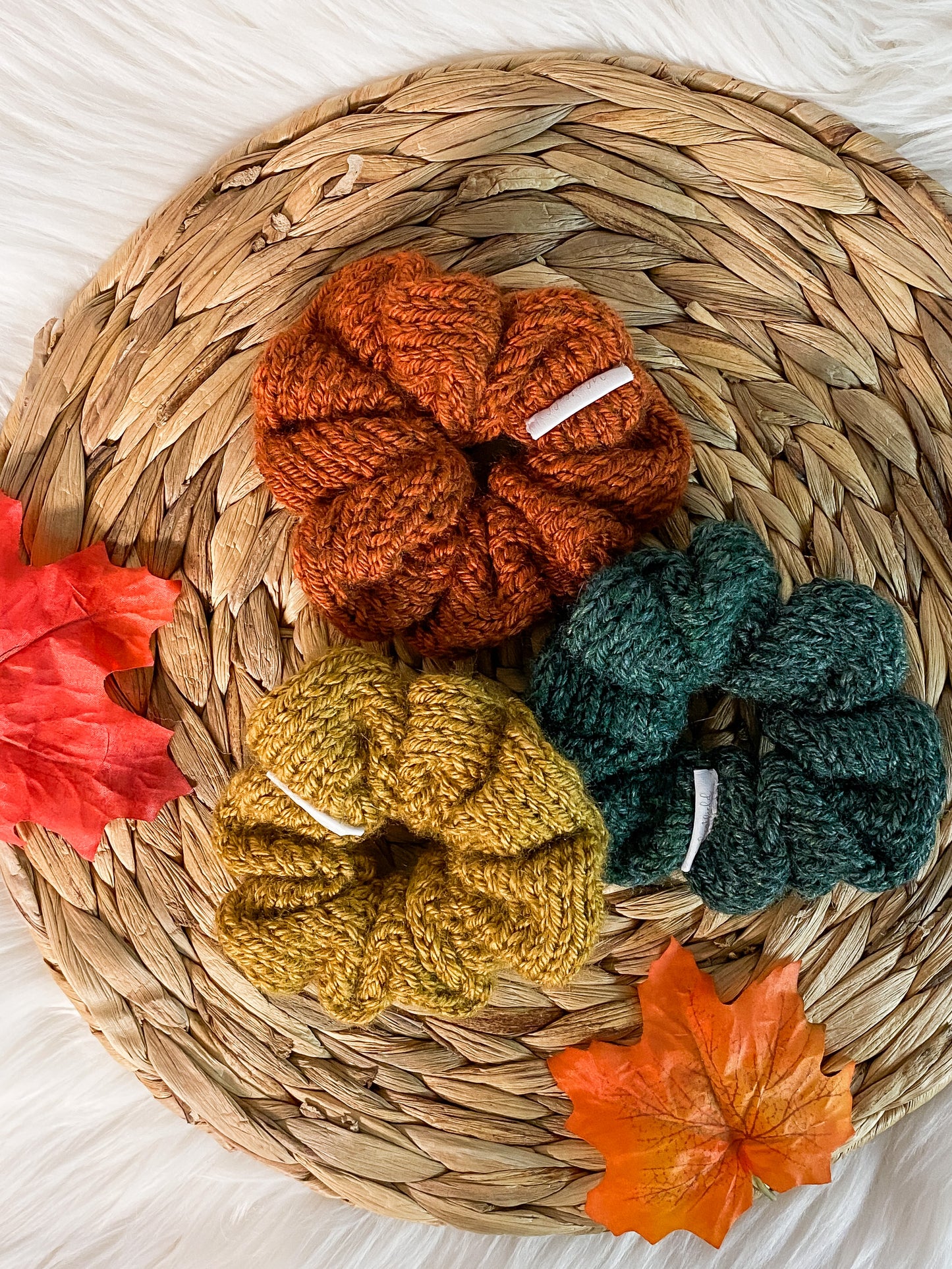 Knitted Scrunchies for Women - Fall Colors - Mustard | Pumpkin | Forest