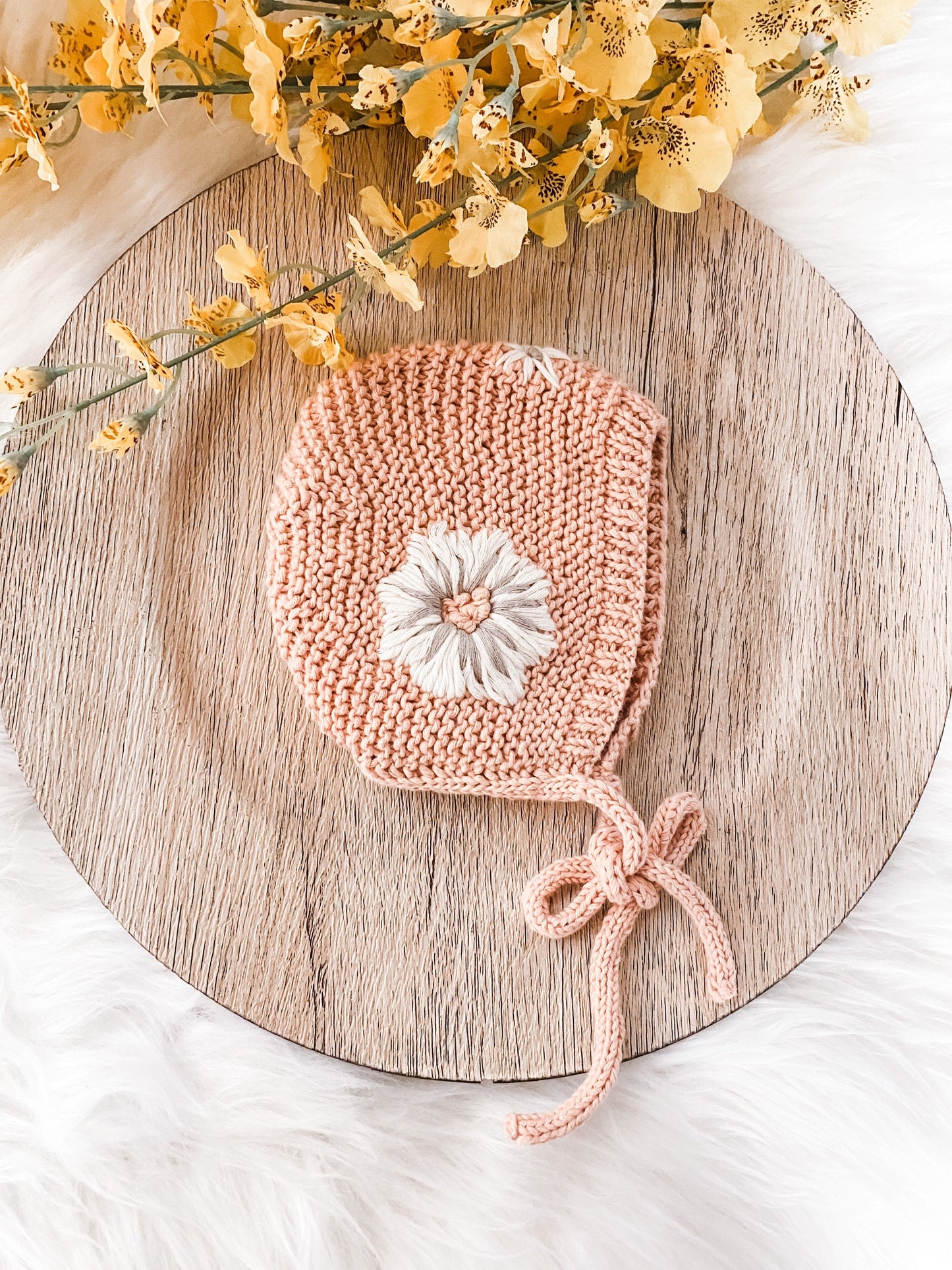 Knitted Bonnet for Baby Girl with Hand Embroidered Flowers, Newborn Photo Prop, Spring Baby Accessories