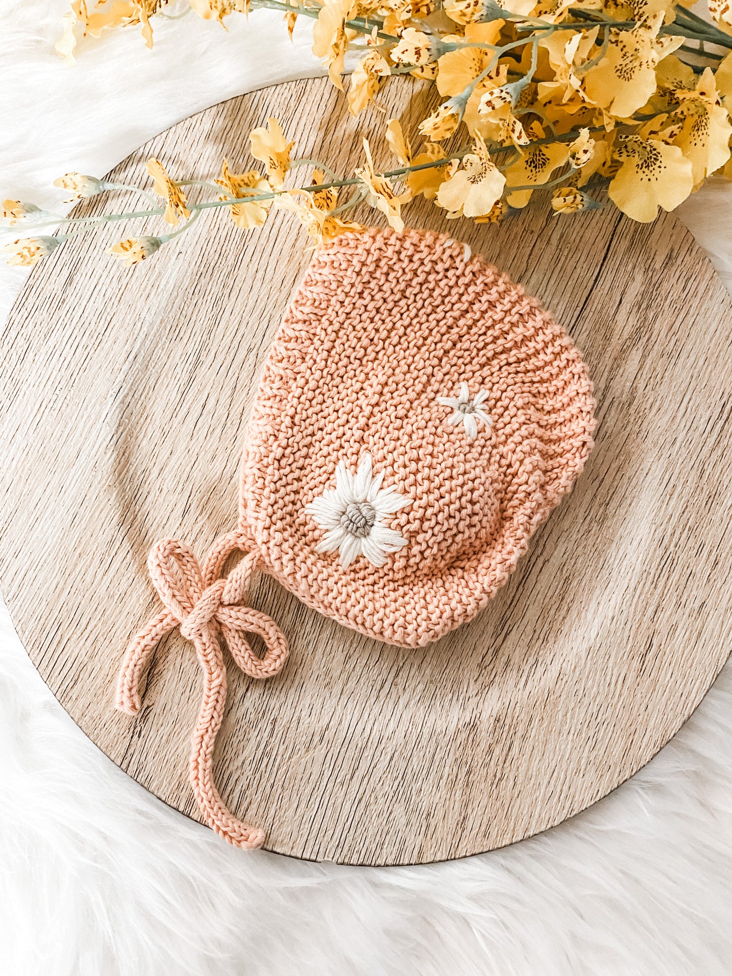 Knitted Bonnet for Baby Girl with Hand Embroidered Flowers, Newborn Photo Prop, Spring Baby Accessories