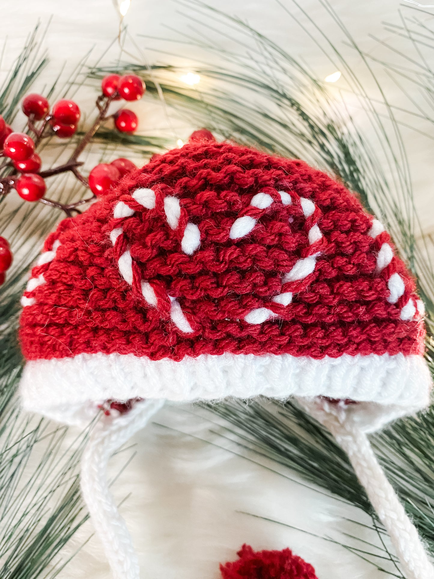 Hand-Knit Candy Cane Baby Bonnet, Red and White Christmas Bonnet Hat, Photography Prop, Holiday Family Photo Prop