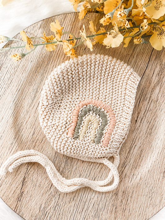 Knitted Bonnet for Baby Girl with Hand Embroidered Modern Rainbow, Newborn Photo Prop, Baby Hat for Pride