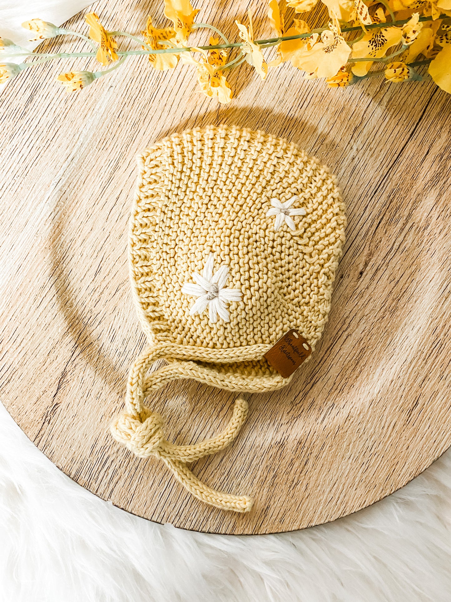 Yellow Knitted Bonnet for Baby Girl with Hand Embroidered Flowers, Newborn Photo Prop, Spring Baby Accessories