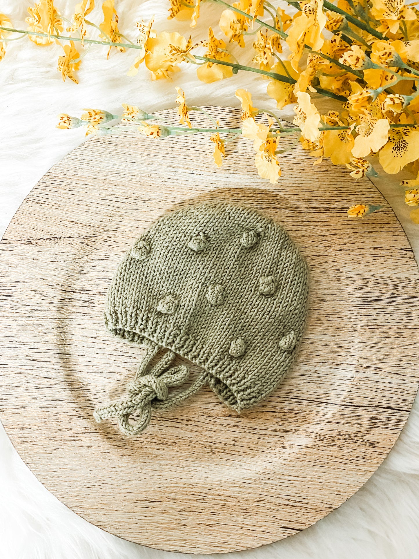 Knitted Baby Bonnet, Unisex Bobble Baby Hat in Sage Green, Newborn Photo Prop