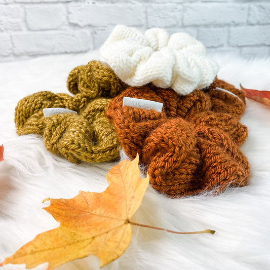 Knitted Scrunchies for Women - Fall Colors - Mustard | Pumpkin | Forest