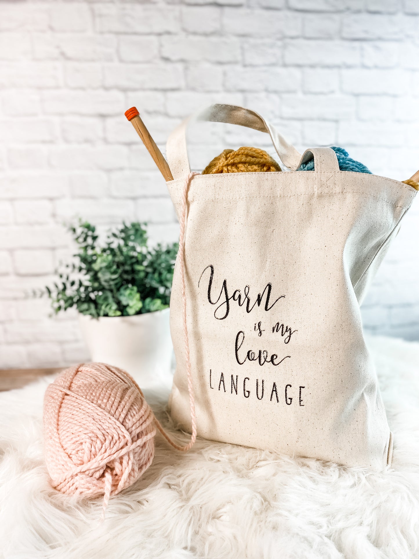 Yarn Is My Love Language Screen Printed Canvas Project Tote Bag