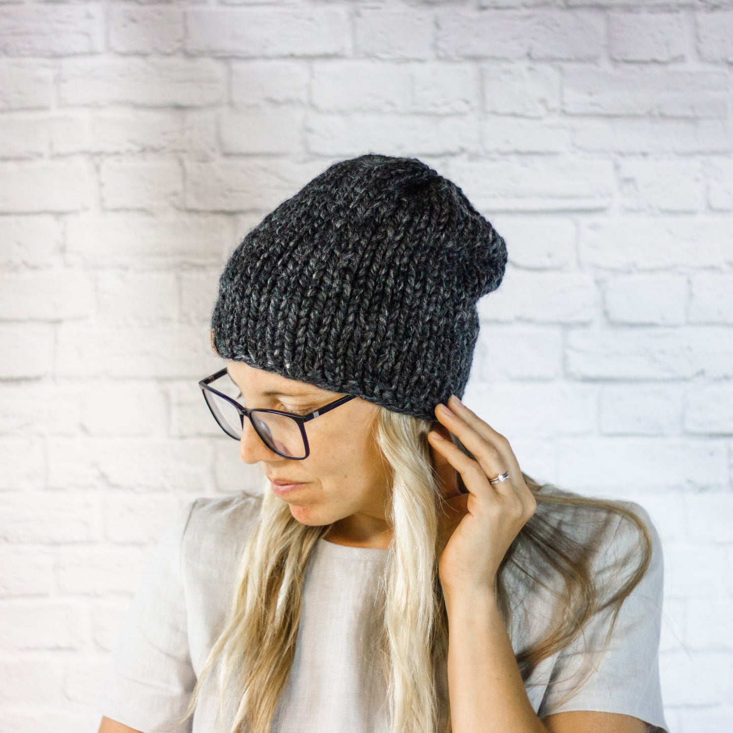 Charcoal Chunky Knit Slouch Beanie Hat, Womens Grey Slouchy Beanie Hat
