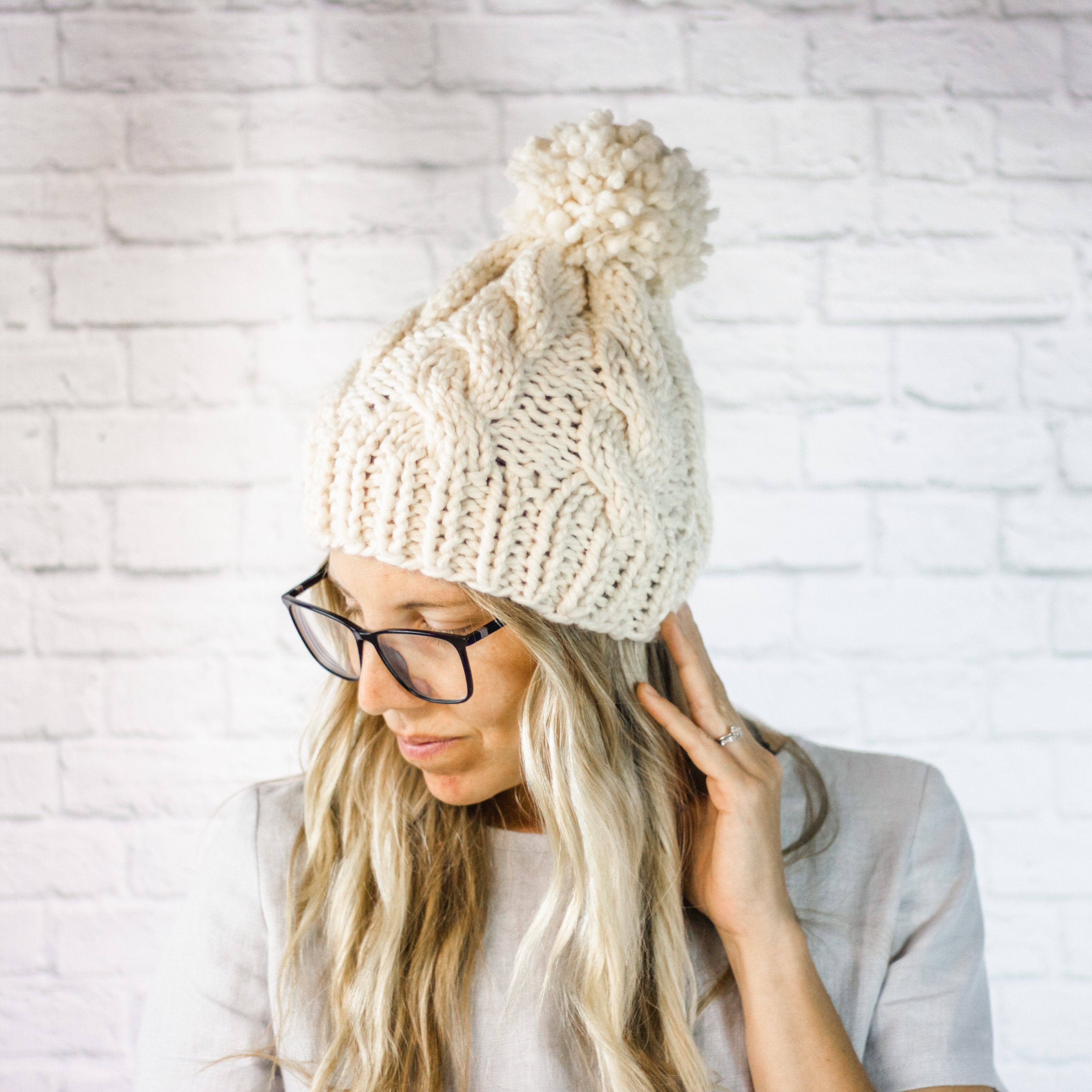 Cream Chunky Cable Knit Cabled Pom Pom Beanie Hat for Women