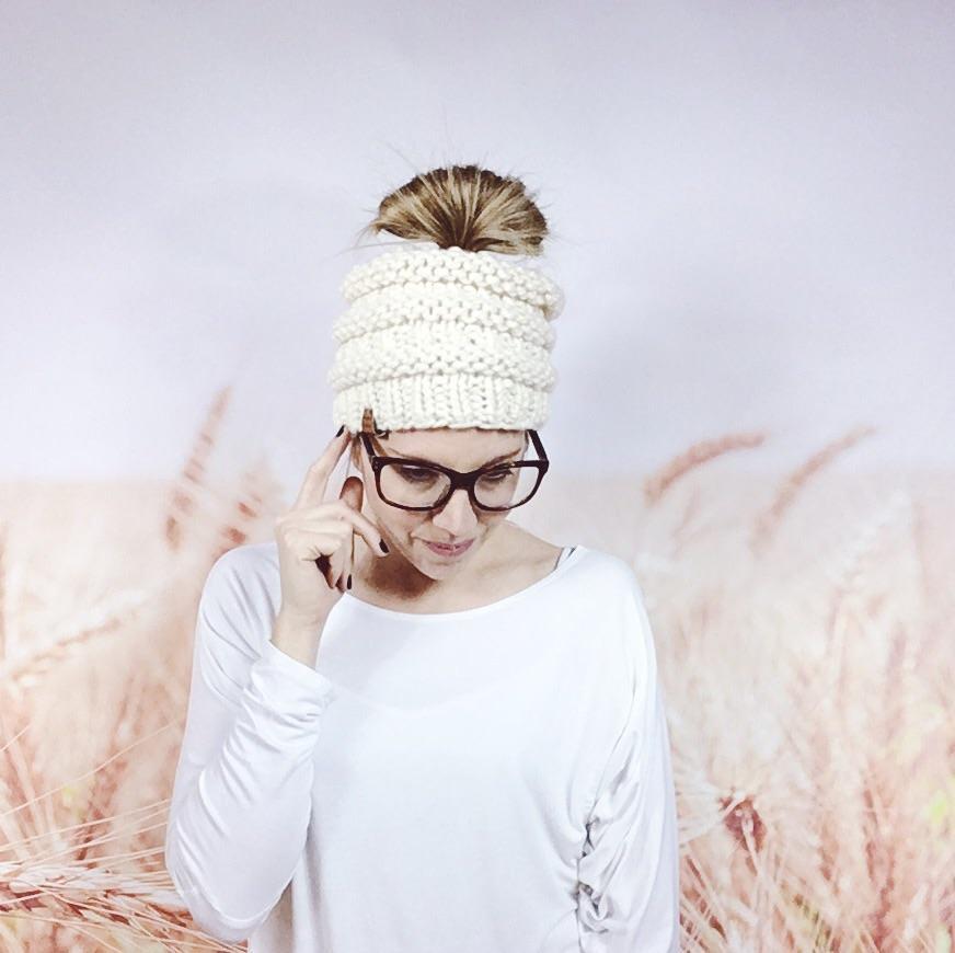 Cream Messy Bun Beanie Hat for Women, Knitted Open Top Ponytail