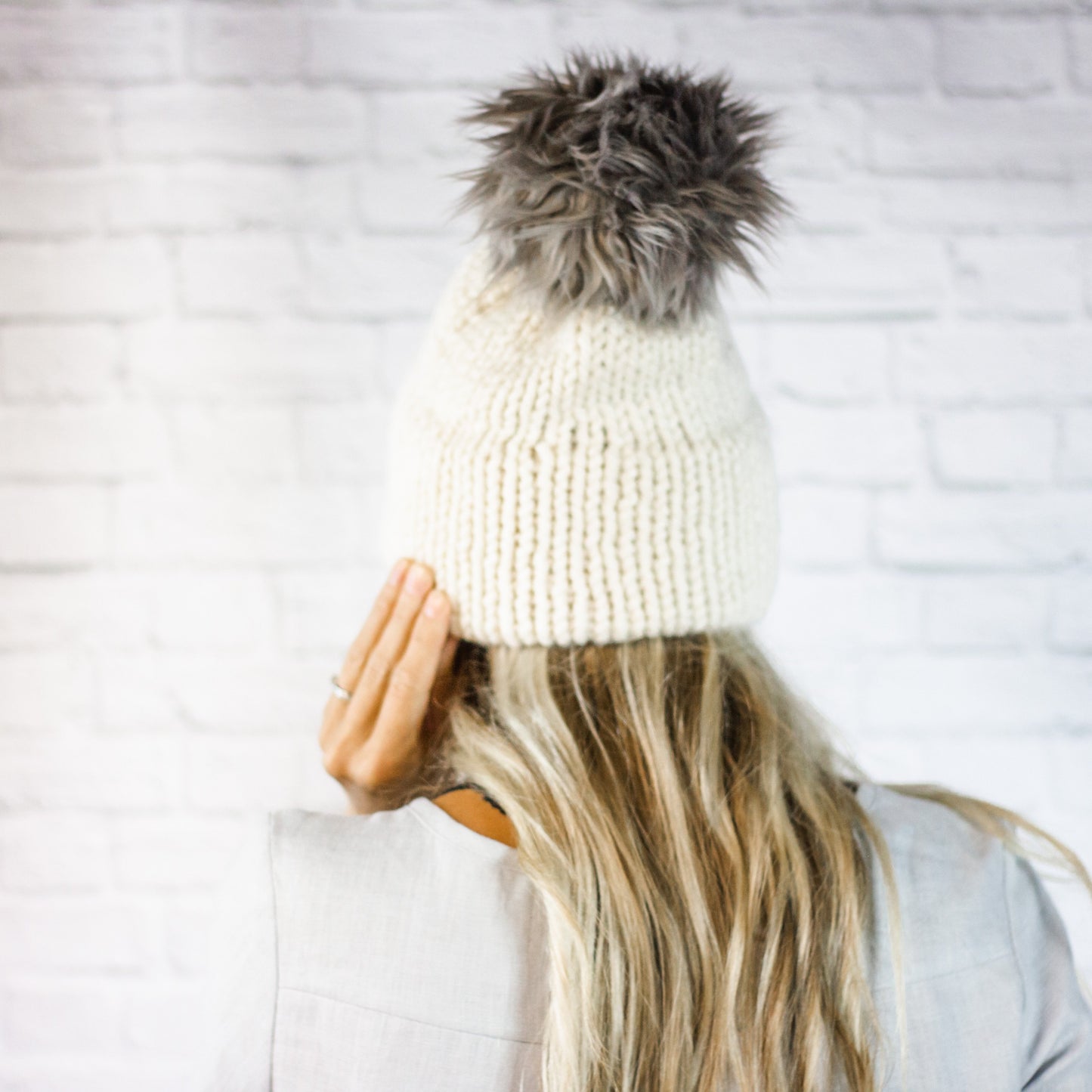 Knitted Faux Fur Pom Winter Beanie Hat with Double Knit Brim in Cream