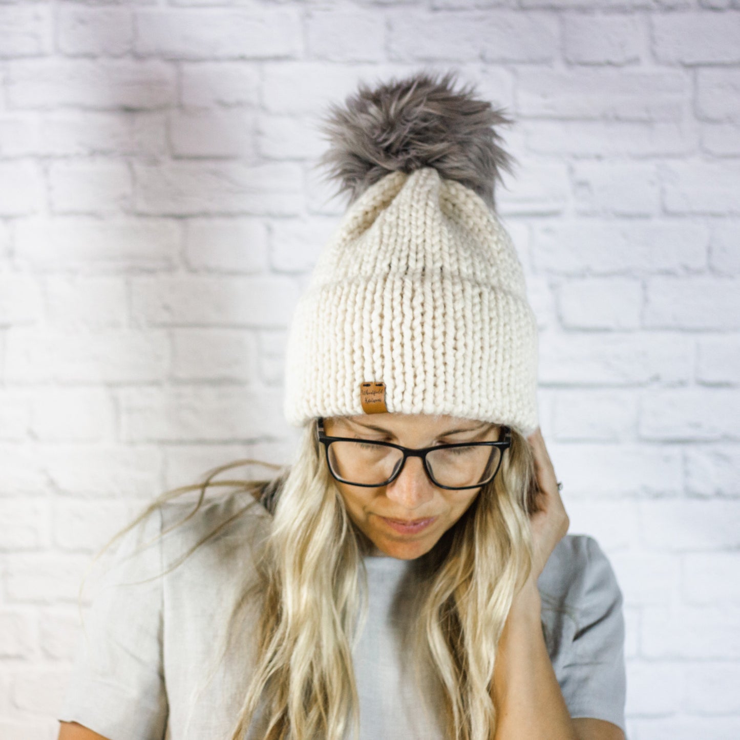 Knitted Faux Fur Pom Winter Beanie Hat with Double Knit Brim in Cream