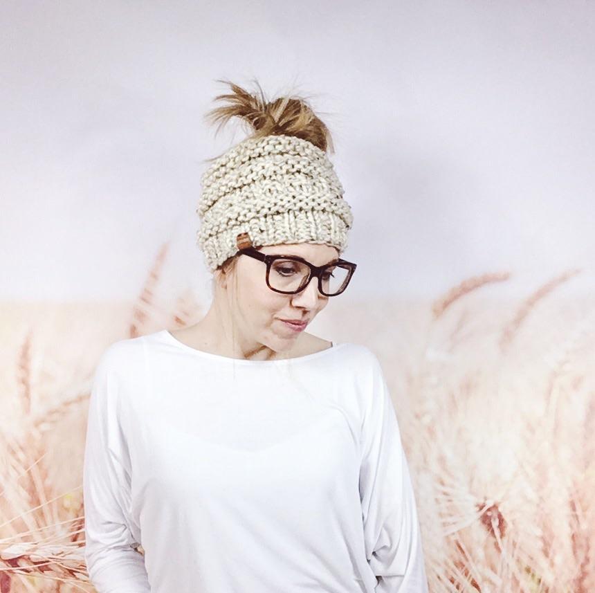 Knitted Hipster Messy Bun Ponytail Beanie Hat for Women in Oatmeal