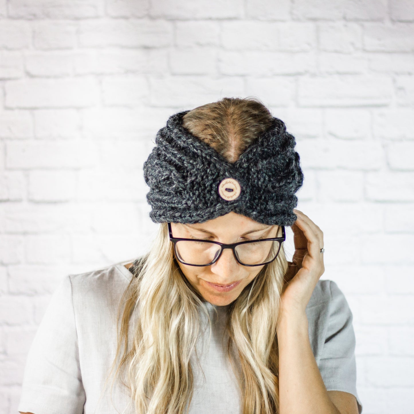 Charcoal Chunky Cable Knit Button Ear Warmer Headband for Women