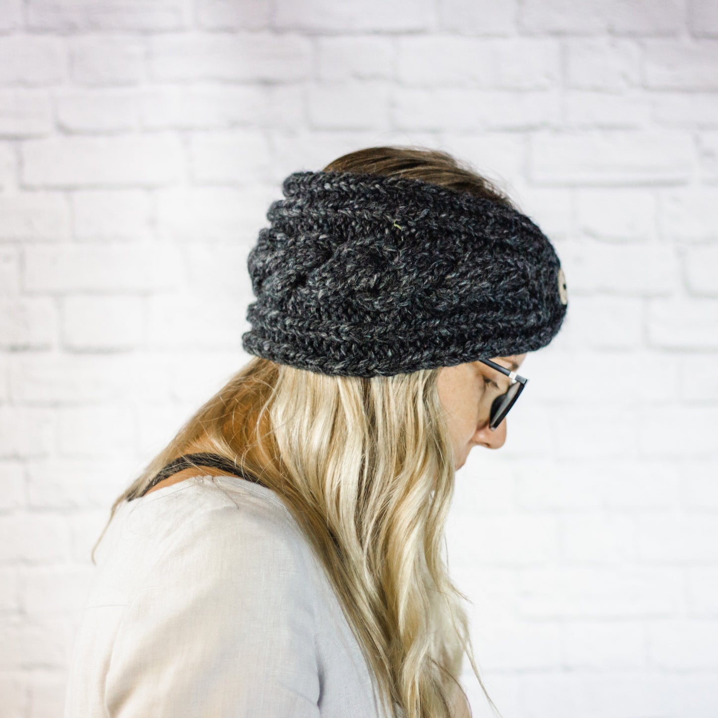 Charcoal Chunky Cable Knit Button Ear Warmer Headband for Women