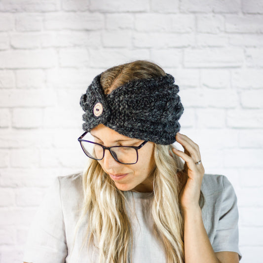 Charcoal Chunky Cable Knit Button Ear Warmer Headband for Women