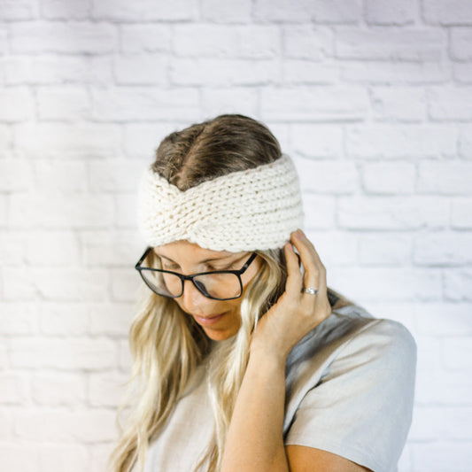 Cream Chunky Knit Ear Warmer, Ladies Wide Twisted Turban Headband