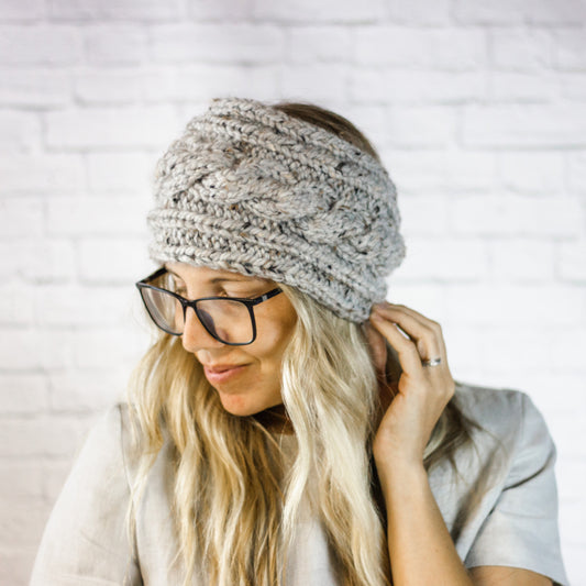 Ladies Extra Wide Cable Knit Button Ear Warmer Headband in Grey Marble