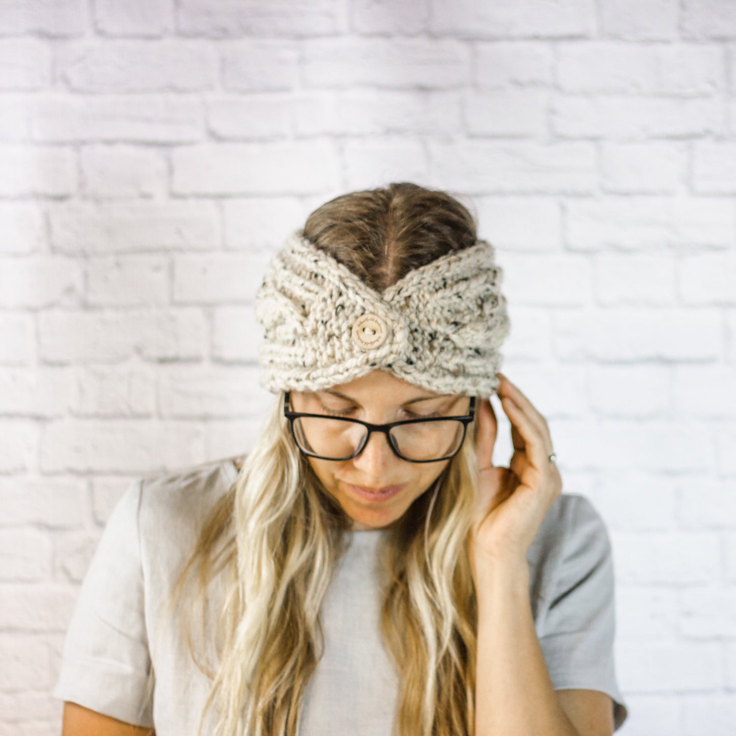 Ladies Extra Wide Knit Cabled Button Ear Warmer Headband in Oatmeal