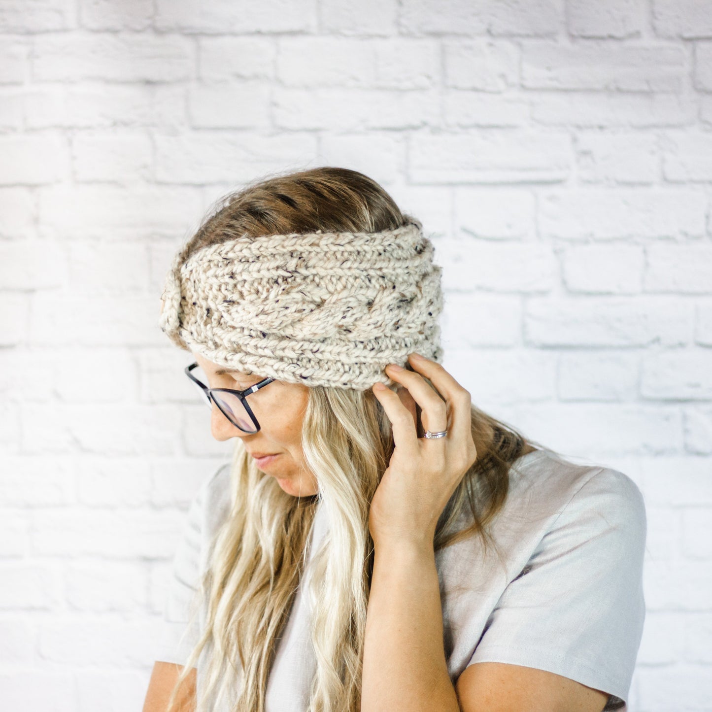 Ladies Extra Wide Knit Cabled Button Ear Warmer Headband in Oatmeal