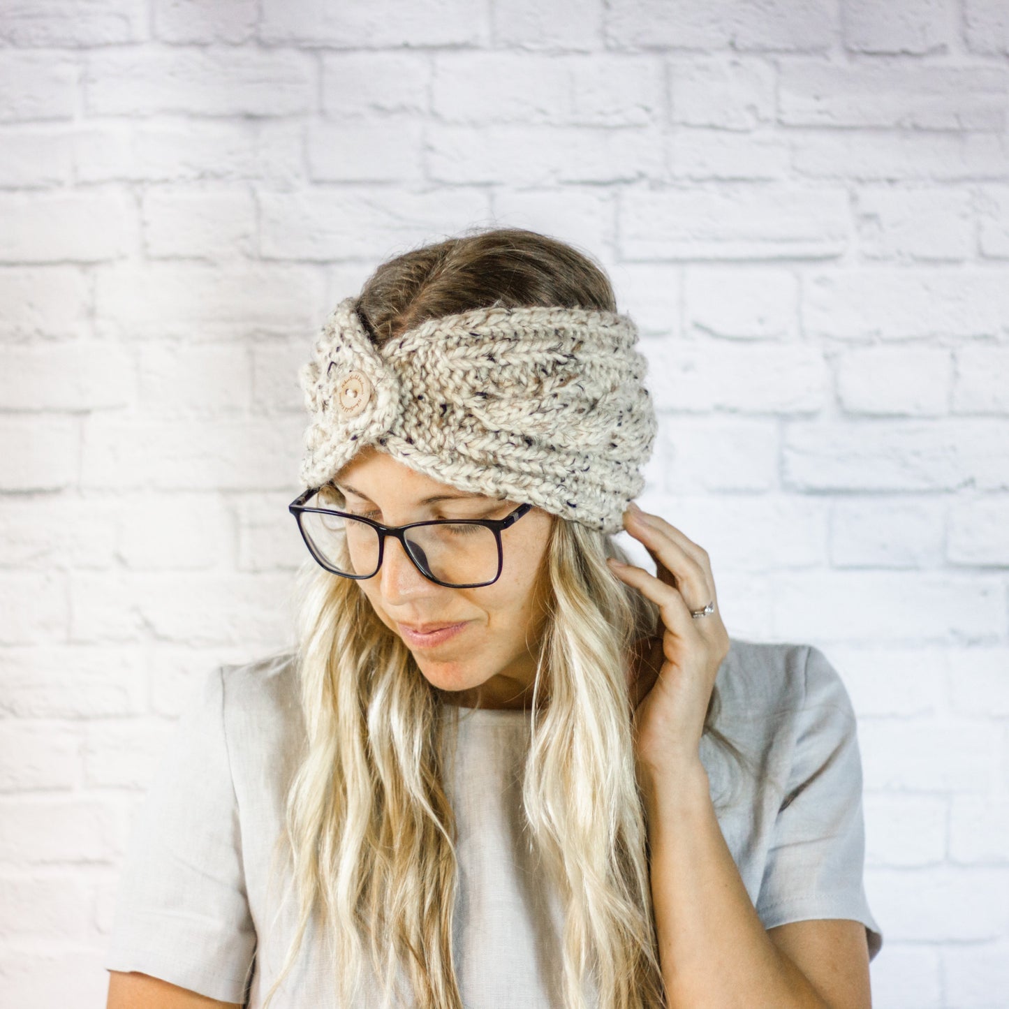 Ladies Extra Wide Knit Cabled Button Ear Warmer Headband in Oatmeal
