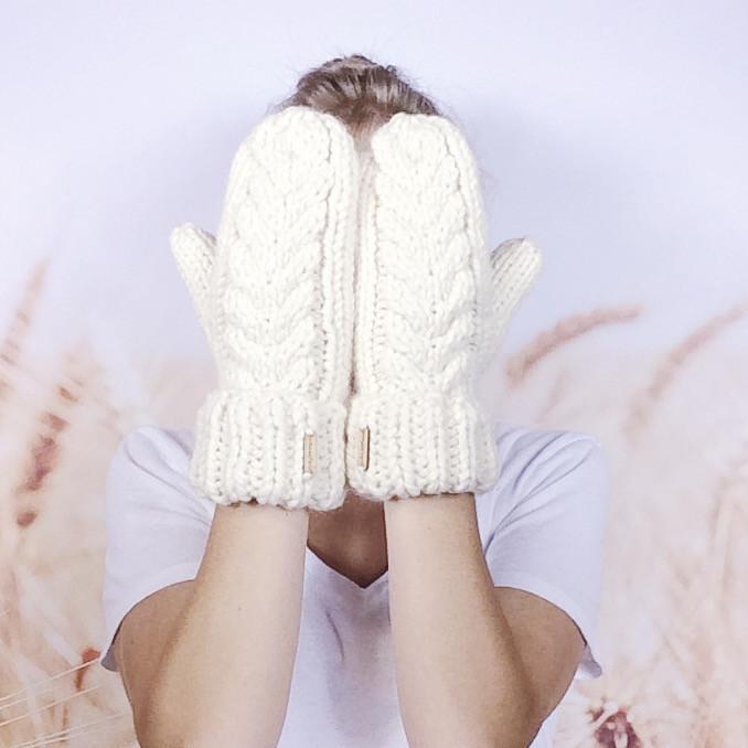 Cream White Cable Knit Hand Warmers, Knitted Winter Mittens for Women