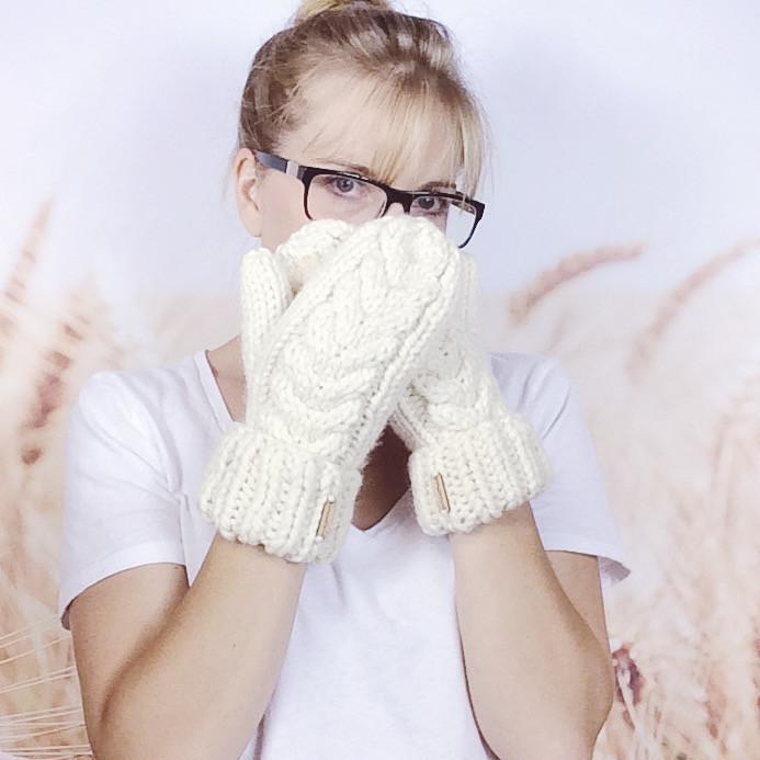 Cream White Cable Knit Hand Warmers, Knitted Winter Mittens for Women