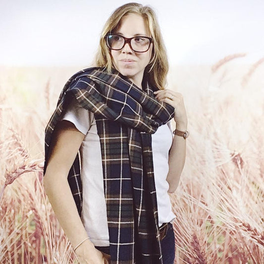 Womens Blue and Green Flannel Plaid Tartan Pashmina Wrap Fringe Scarf