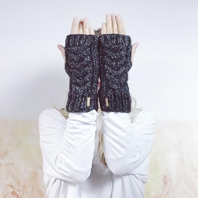 Charcoal Knitted Fingerless Gloves for Women, Women's Cable Knit Wrist Warmers