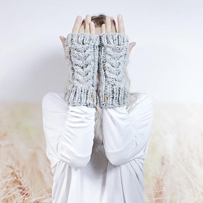 Women's Knitted Fingerless Mittens, Hand Knit Cabled Wrist Warmers in Grey Marble