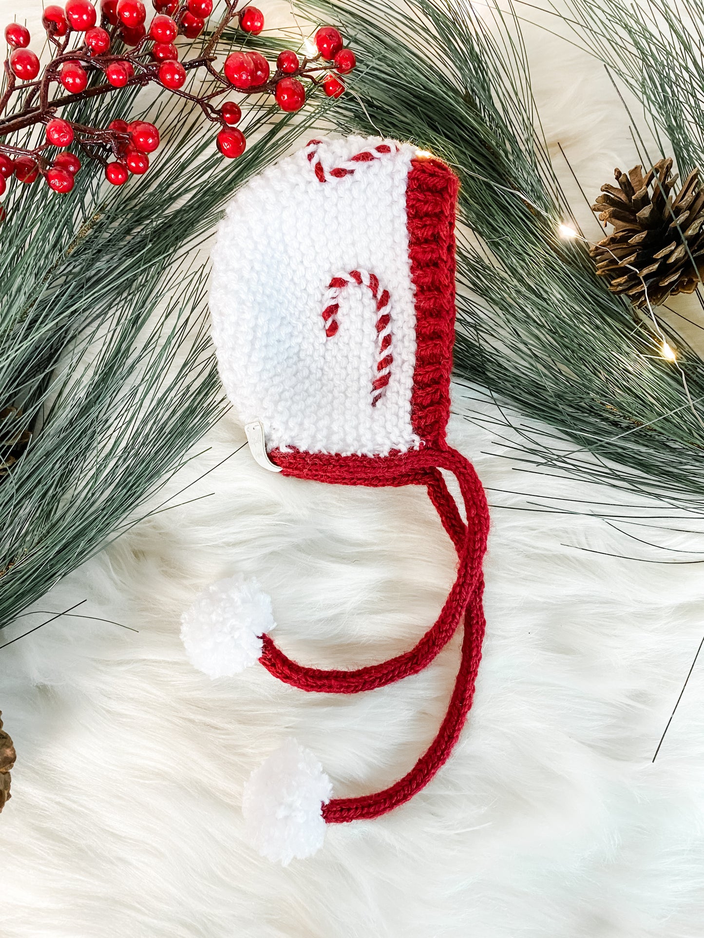 Hand-Knit Candy Cane Baby Bonnet, Red and White Christmas Bonnet Hat, Photography Prop, Holiday Family Photo Prop