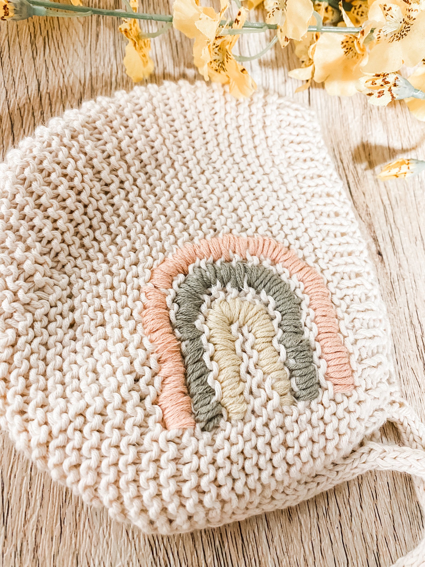 Knitted Bonnet for Baby Girl with Hand Embroidered Modern Rainbow, Newborn Photo Prop, Baby Hat for Pride