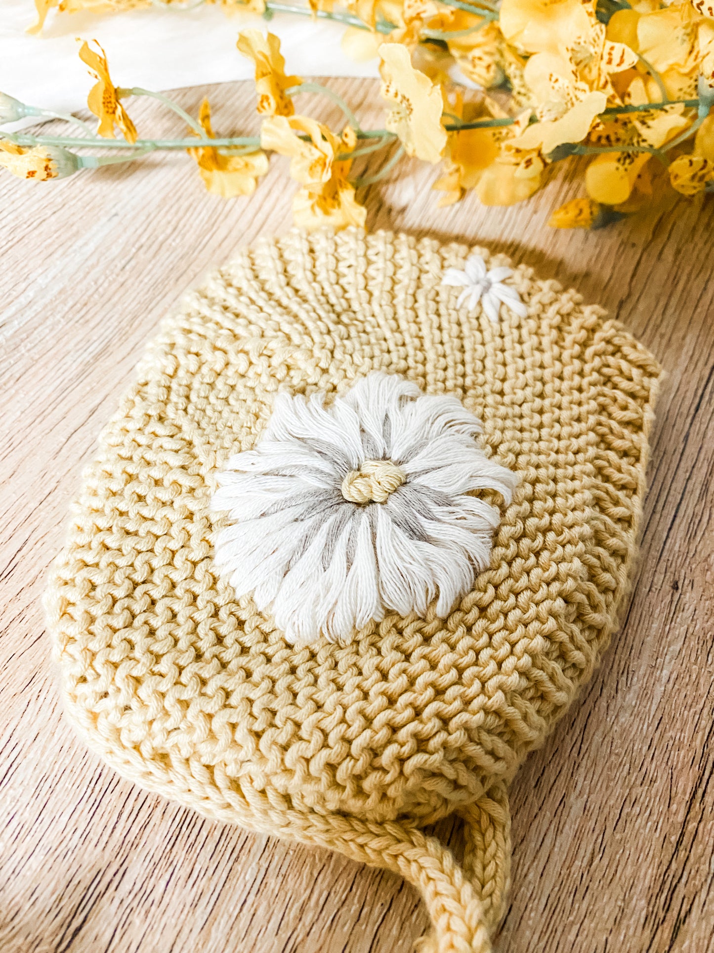 Yellow Knitted Bonnet for Baby Girl with Hand Embroidered Flowers, Newborn Photo Prop, Spring Baby Accessories