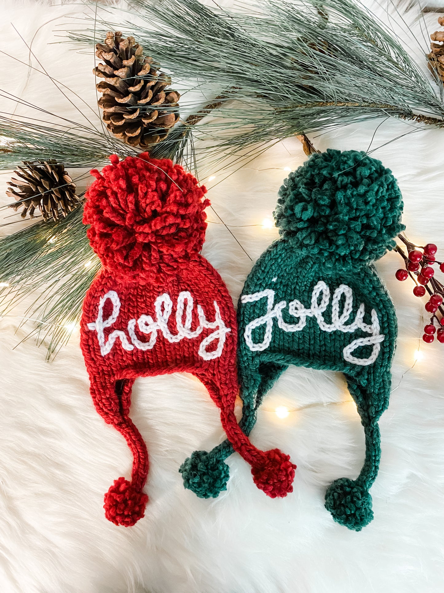 Knitted Holly Jolly Christmas Hat Set, Sibling Set for Babies and Kids, Holiday Family Photo Prop