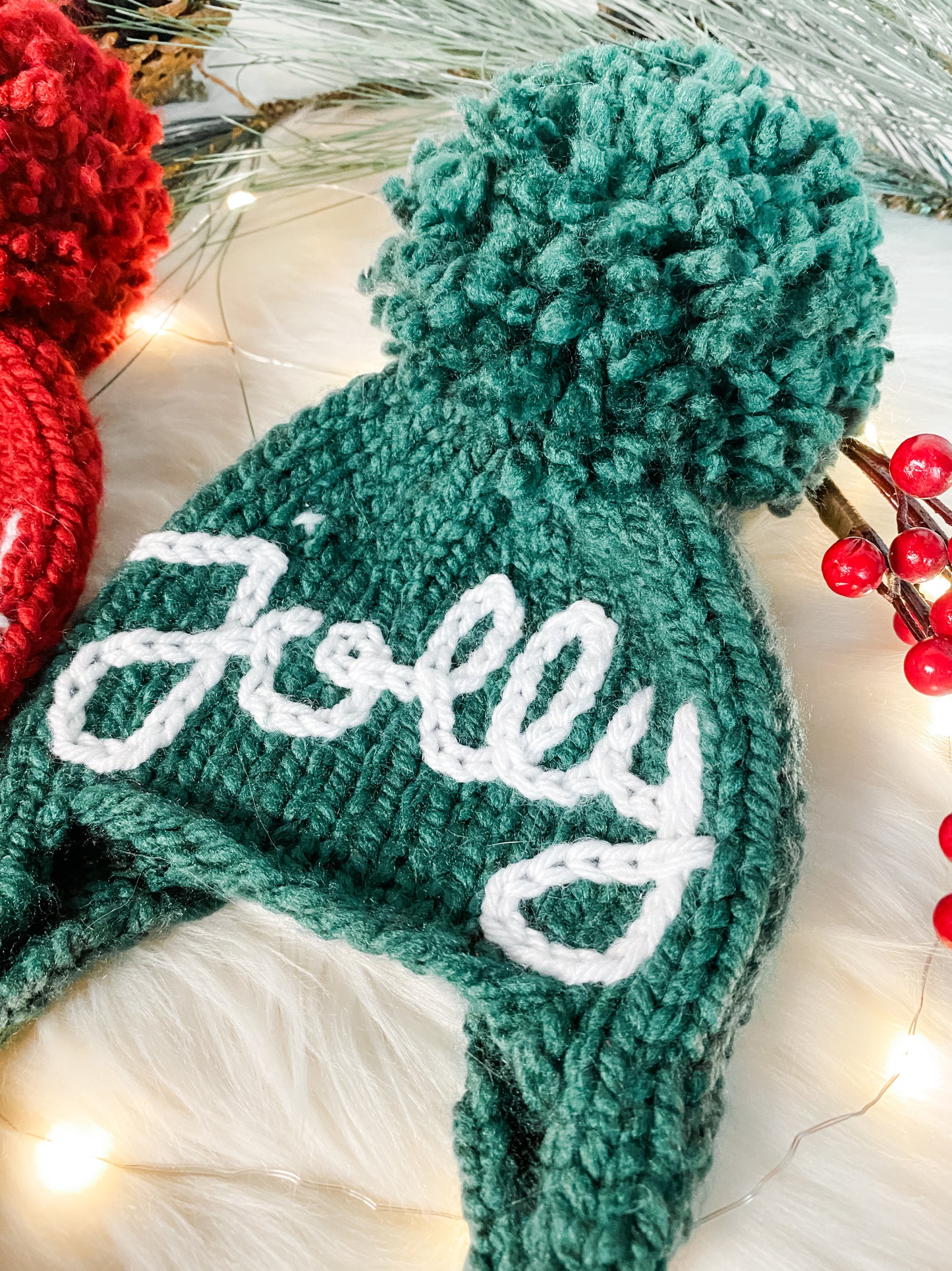 Knitted Holly Jolly Christmas Hat Set, Sibling Set for Babies and Kids, Holiday Family Photo Prop