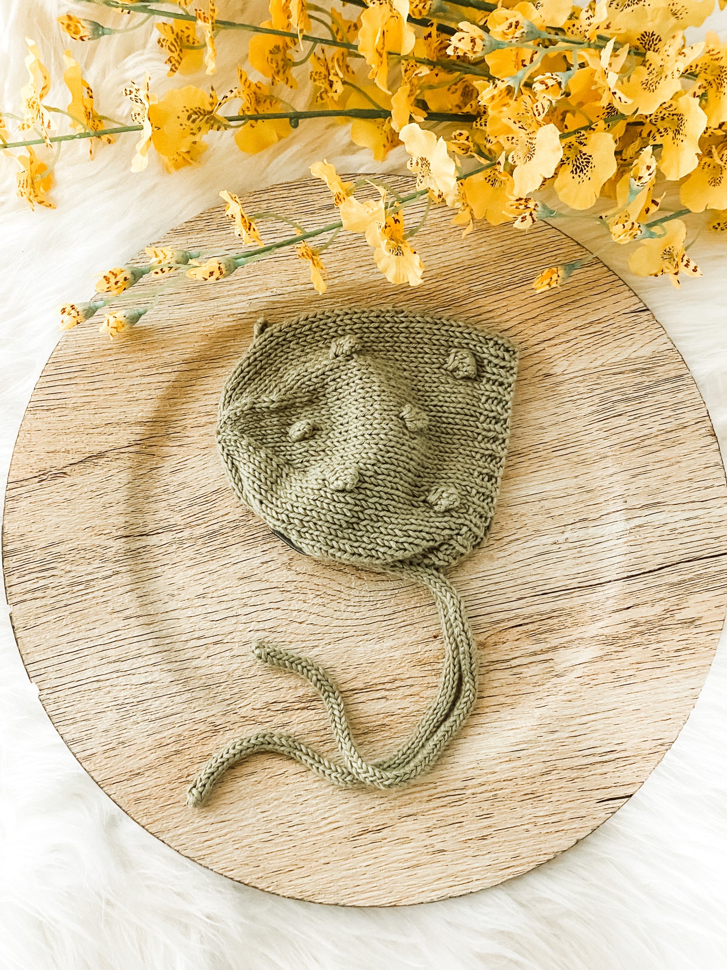 Knitted Baby Bonnet, Unisex Bobble Baby Hat in Sage Green, Newborn Photo Prop