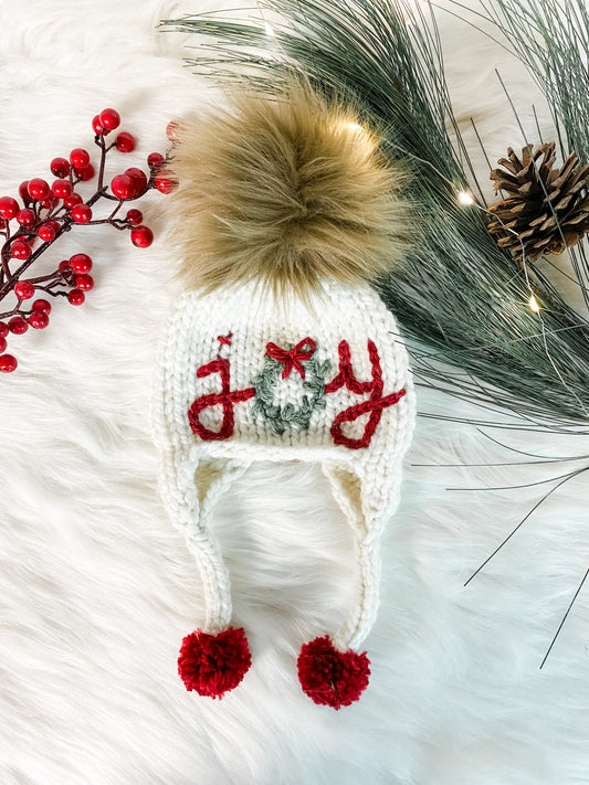 Knitted Christmas Joy Hat for Babies and Kids, Baby's 1st Christmas, Holiday Photography Prop, Family Photo Prop