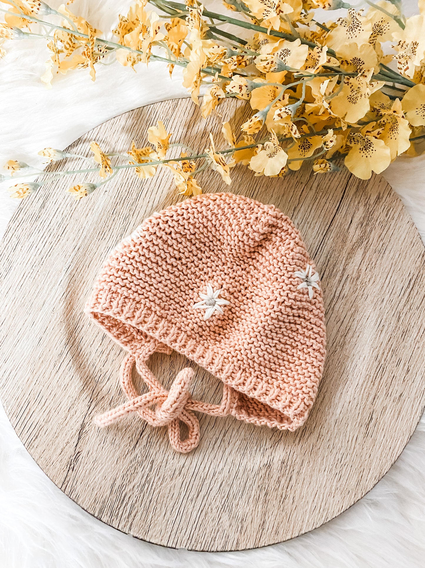 Knitted Bonnet for Baby Girl with Hand Embroidered Flowers, Newborn Photo Prop, Spring Baby Accessories