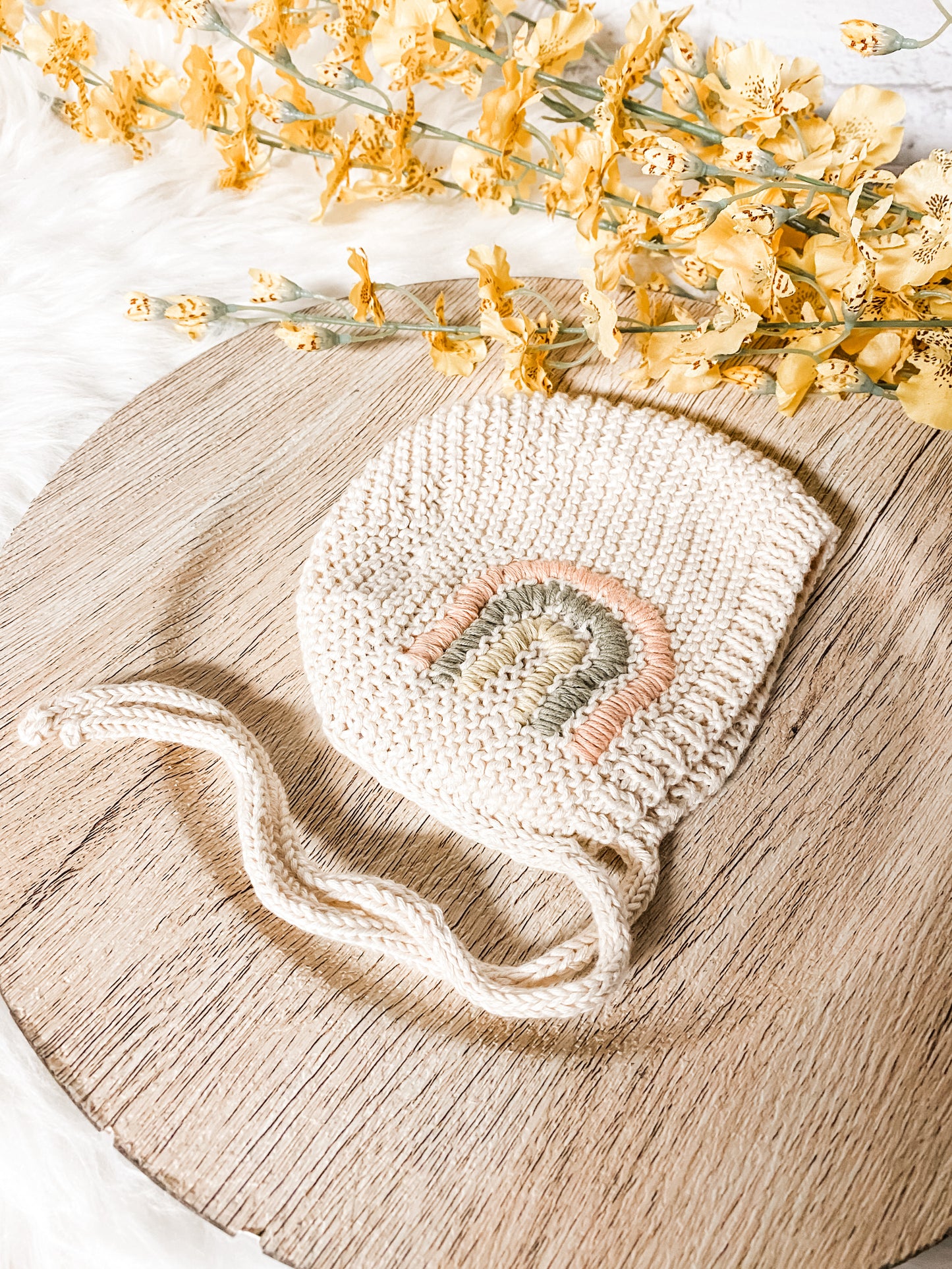 Knitted Bonnet for Baby Girl with Hand Embroidered Modern Rainbow, Newborn Photo Prop, Baby Hat for Pride