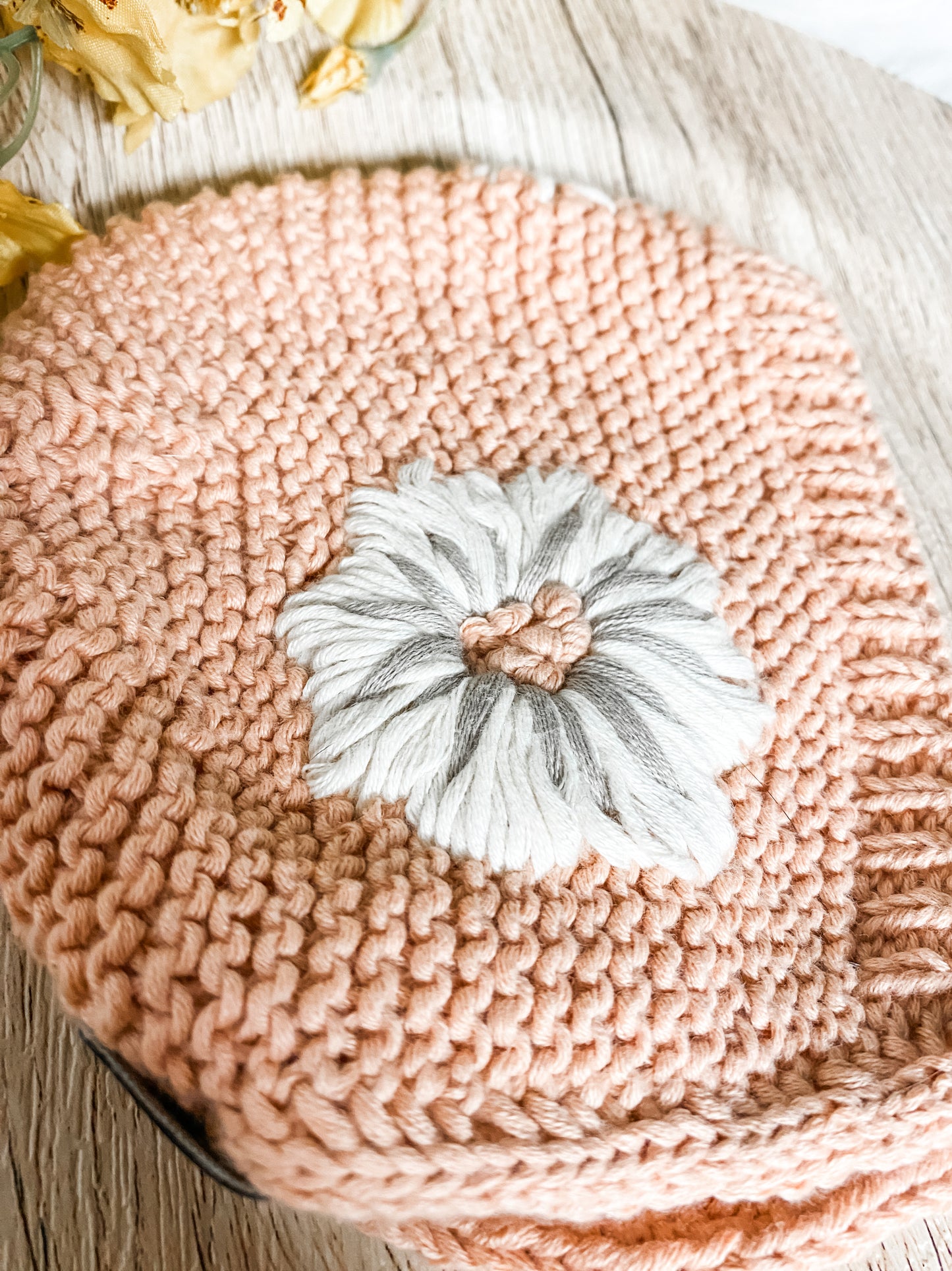 Knitted Bonnet for Baby Girl with Hand Embroidered Flowers, Newborn Photo Prop, Spring Baby Accessories