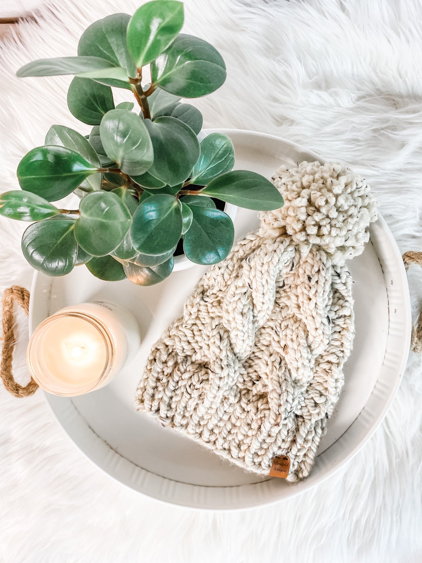 Chunky Cable Knit Winter Pom Pom Beanie Hat for Women in Oatmeal
