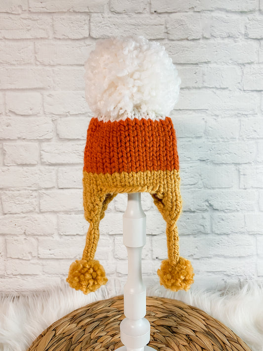 Hand-Knitted Candy Corn Baby Earflap Hat - Cozy Halloween Newborn Beanie with Pom Pom