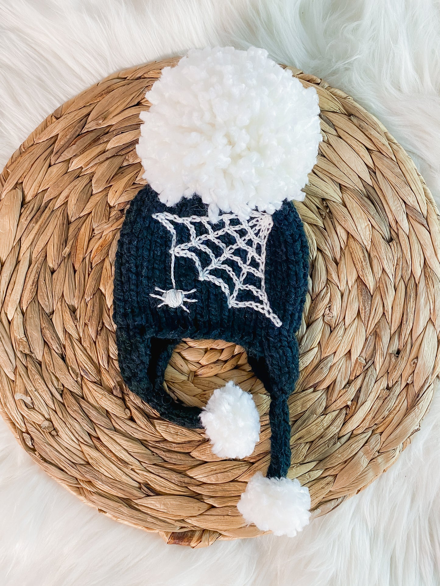 Glow in the Dark Knitted Baby Spiderweb Hat with Pom Poms - Handmade Halloween Baby Beanie