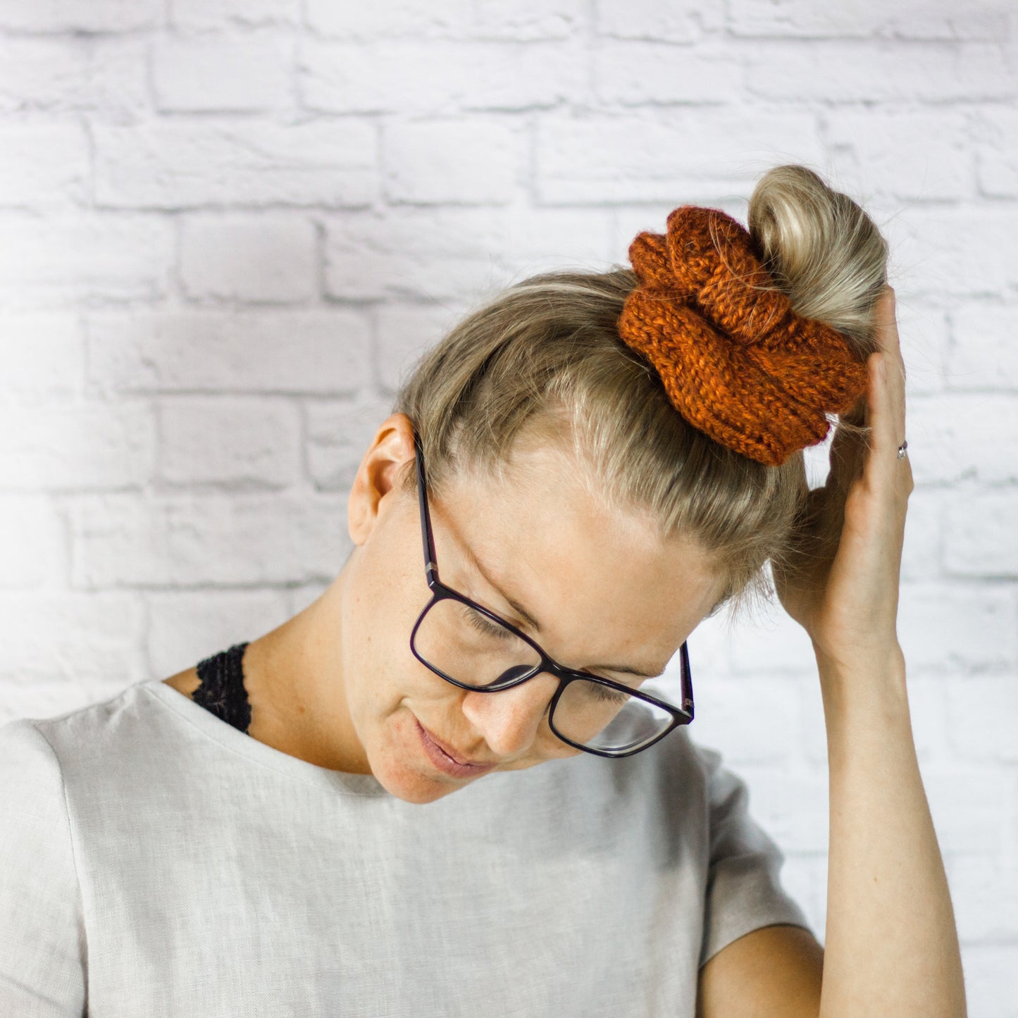 Pumpkin Spice Knitted 90’s Hair Scrunchie, Womens Fall Hair Accessory
