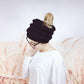 Black Chunky Knit Messy Bun Hat, Womens Messy Hair Top Knot Beanie Hat