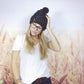Charcoal Grey Cabled Chunky Knit Winter Pom Pom Beanie Hat for Women