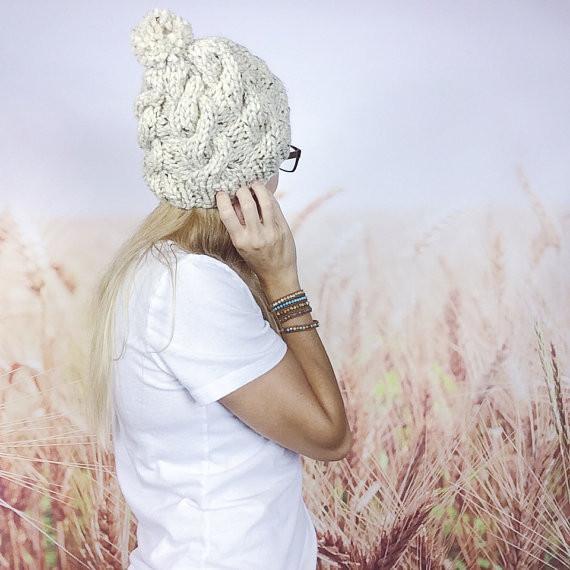 Chunky Cable Knit Winter Pom Pom Beanie Hat for Women in Oatmeal
