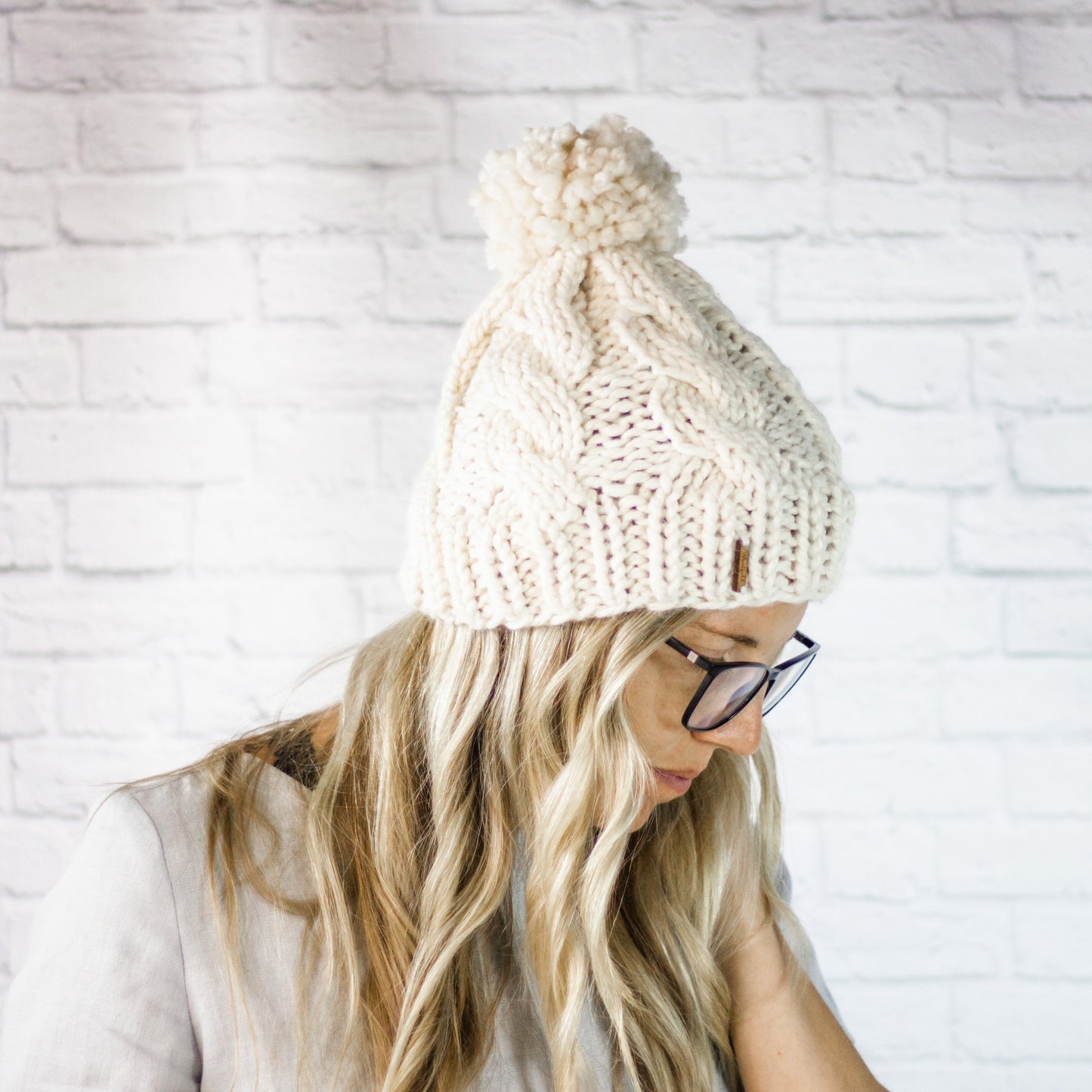 Cream Chunky Cable Knit Cabled Pom Pom Beanie Hat for Women