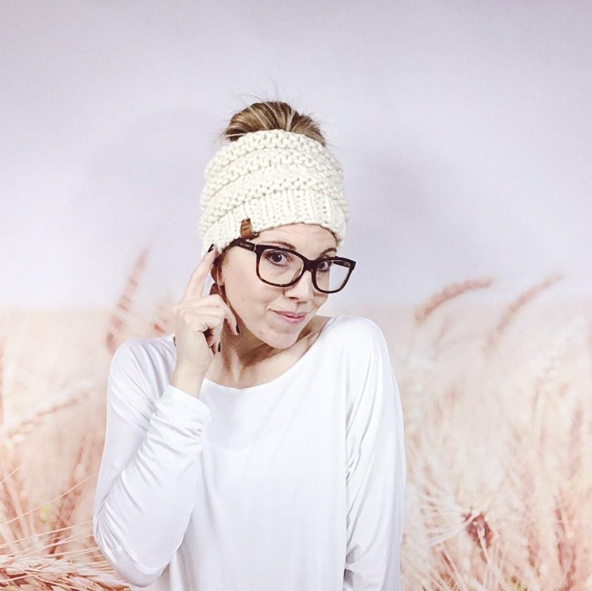 Cream Messy Bun Beanie Hat for Women Knitted Open Top Ponytail Beanie Wheatfield Knitwear