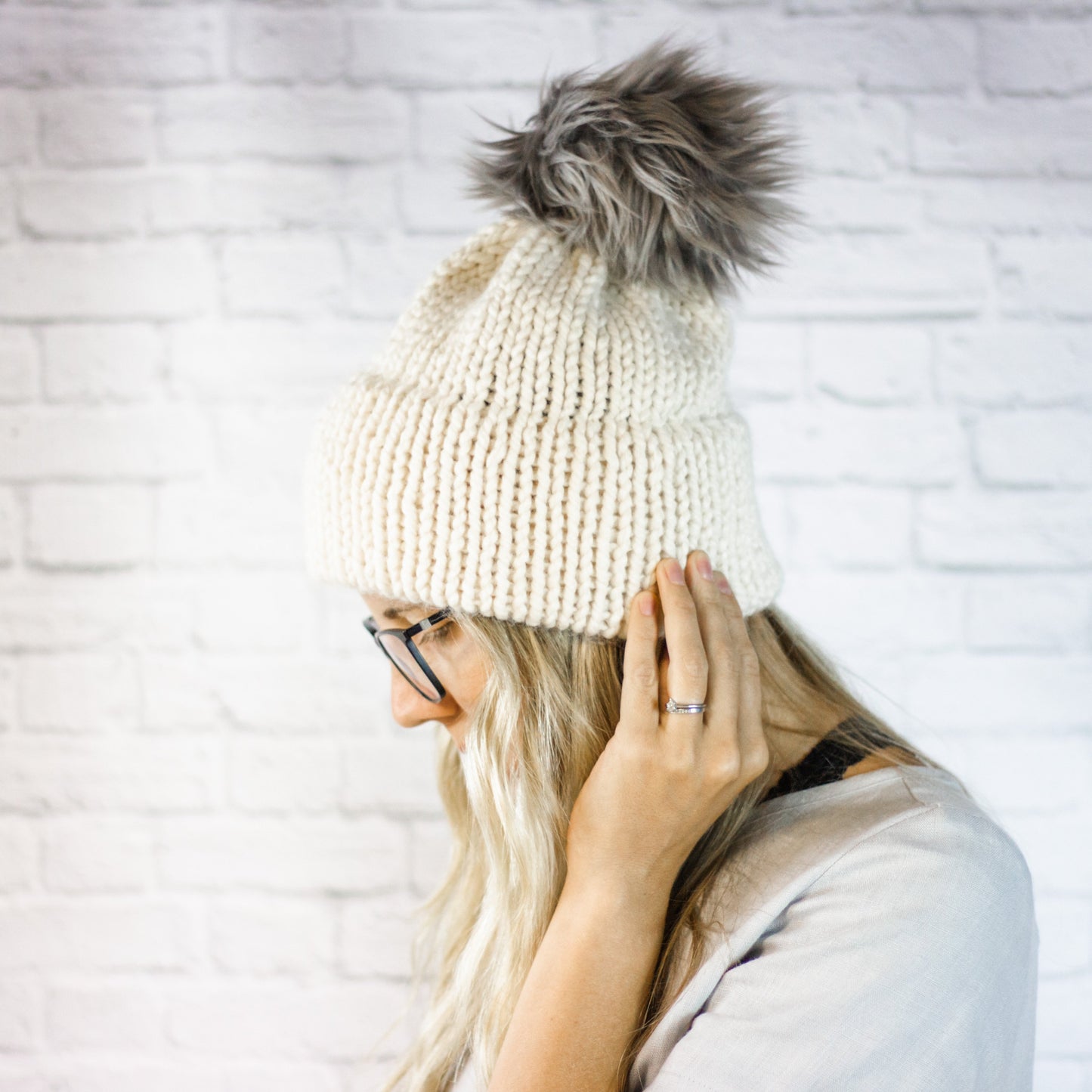 Knitted Faux Fur Pom Winter Beanie Hat with Double Knit Brim in Cream