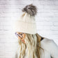 Knitted Faux Fur Pom Winter Beanie Hat with Double Knit Brim in Cream